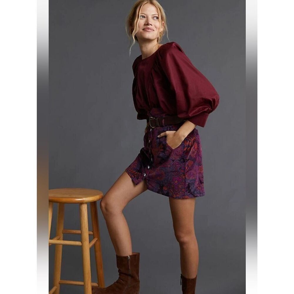 Anthropologie Pilcro Corduroy Mini Skirt Button Front  Floral Pink Purple Sz 2